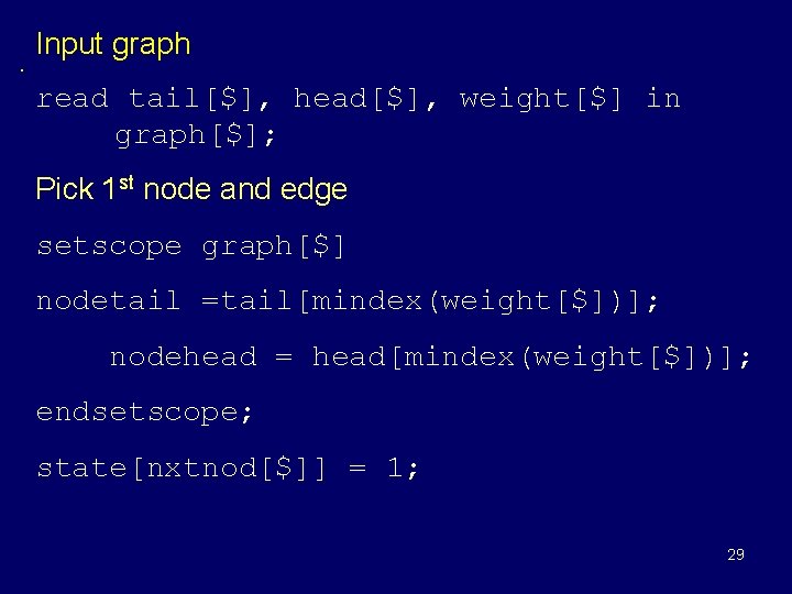. Input graph read tail[$], head[$], weight[$] in graph[$]; Pick 1 st node and