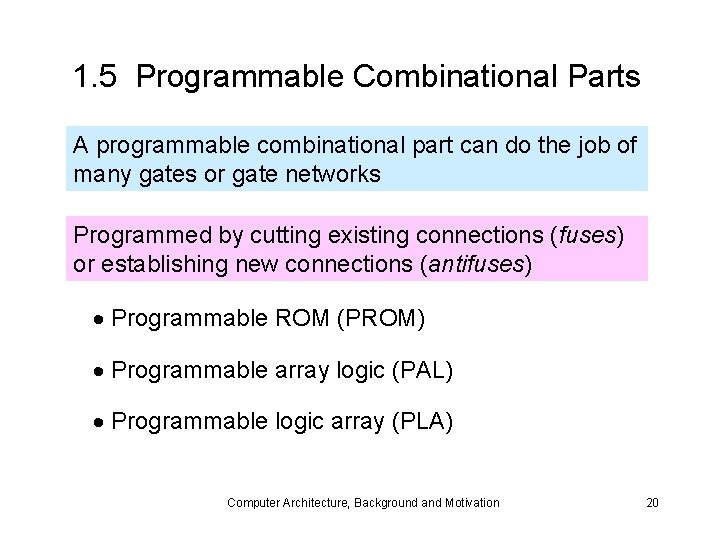 1. 5 Programmable Combinational Parts A programmable combinational part can do the job of