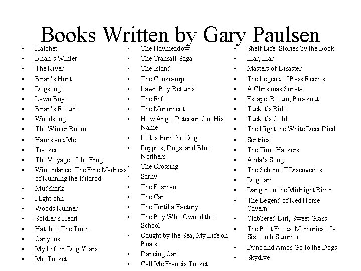  • • • • • • Books Written by Gary Paulsen Hatchet •