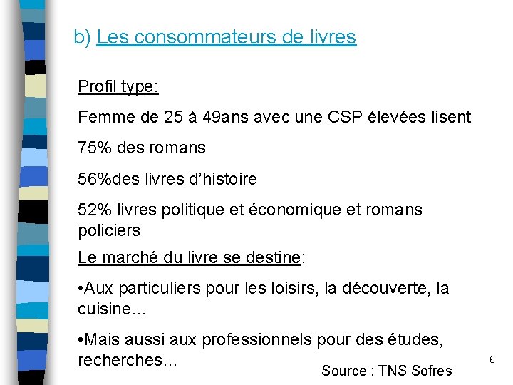 b) Les consommateurs de livres Profil type: Femme de 25 à 49 ans avec