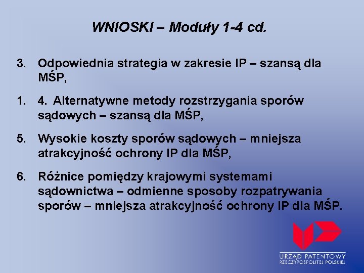 WNIOSKI – Moduły 1 -4 cd. 3. Odpowiednia strategia w zakresie IP – szansą