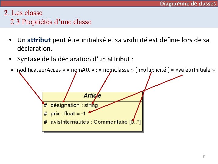 Diagramme de classes 2. Les classe 2. 3 Propriétés d’une classe • Un attribut