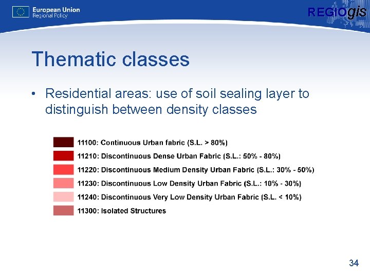 REGIOgis Thematic classes • Residential areas: use of soil sealing layer to distinguish between