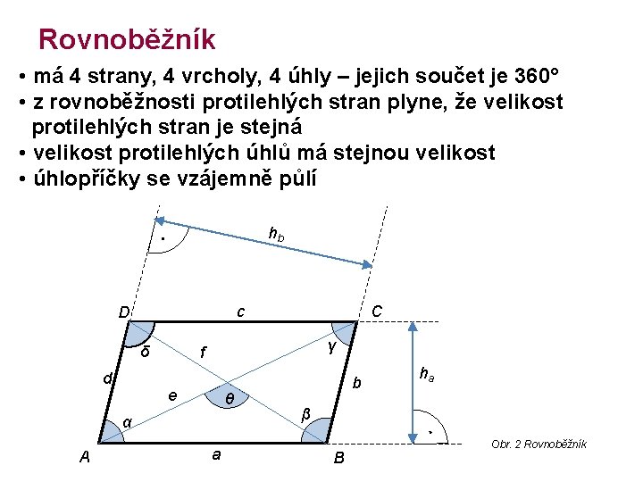 Rovnoběžník • má 4 strany, 4 vrcholy, 4 úhly – jejich součet je 360°