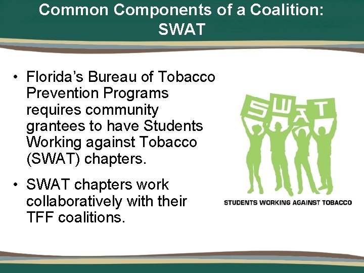 Common Components of a Coalition: SWAT • Florida’s Bureau of Tobacco Prevention Programs requires