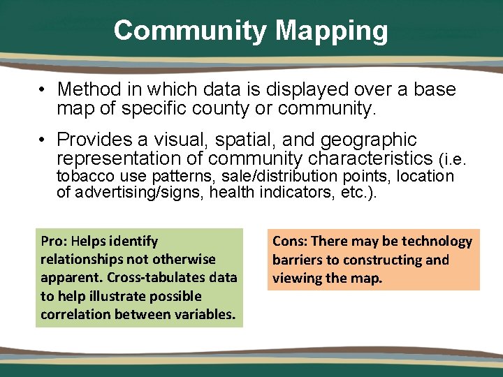 Community Mapping • Method in which data is displayed over a base map of