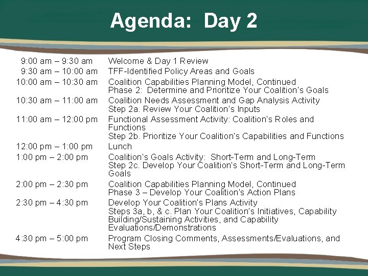 Agenda: Day 2 9: 00 am – 9: 30 am – 10: 00 am