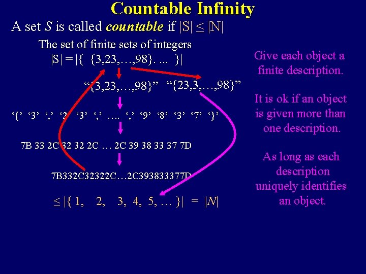 Countable Infinity A set S is called countable if |S| ≤ |N| The set