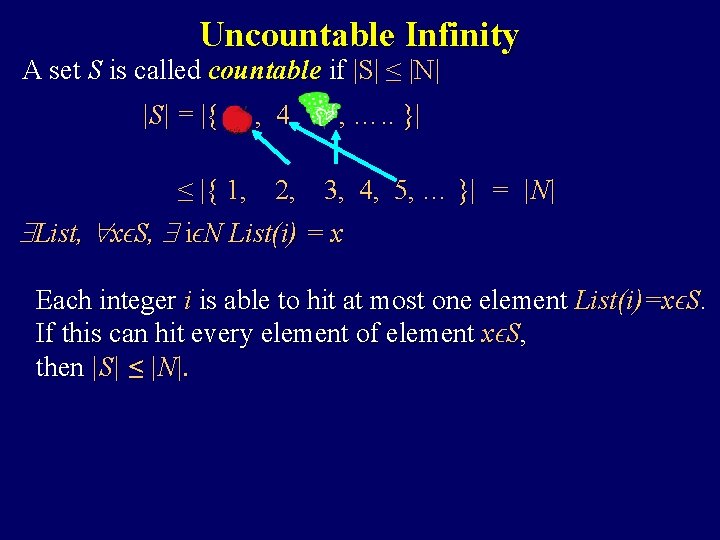 Uncountable Infinity A set S is called countable if |S| ≤ |N| |S| =