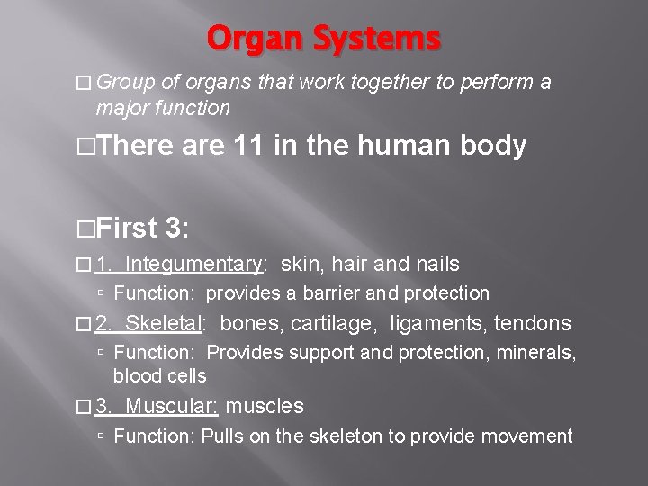 Organ Systems � Group of organs that work together to perform a major function