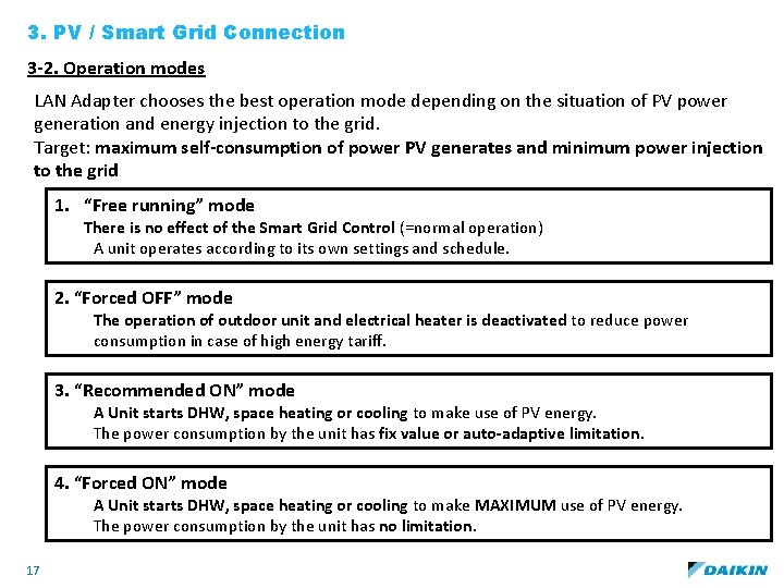 3. PV / Smart Grid Connection 3 -2. Operation modes LAN Adapter chooses the