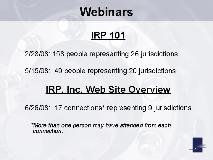 Webinars IRP 101 2/28/08: 158 people representing 26 jurisdictions 5/15/08: 49 people representing 20