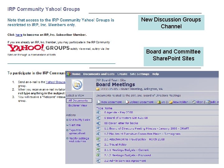 New Discussion Groups Channel Board and Committee Share. Point Sites 