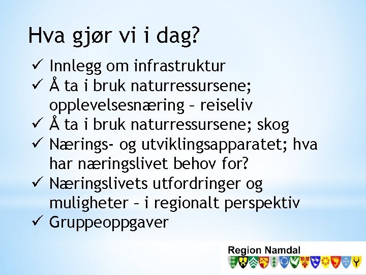 Hva gjør vi i dag? ü Innlegg om infrastruktur ü Å ta i bruk