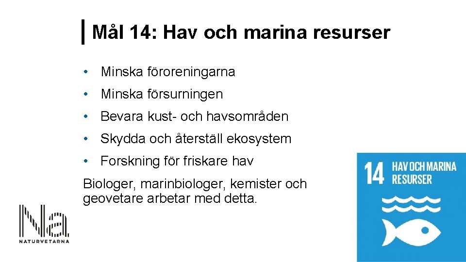 Mål 14: Hav och marina resurser • Minska föroreningarna • Minska försurningen • Bevara