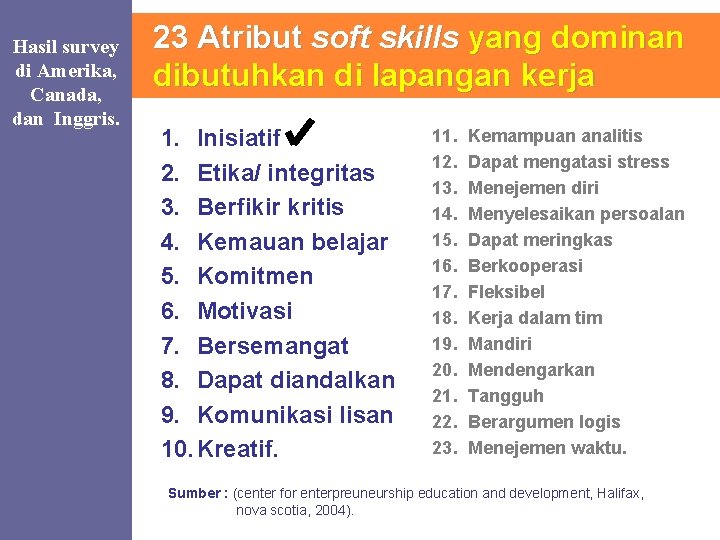 Hasil survey di Amerika, Canada, dan Inggris. 23 Atribut soft skills yang dominan dibutuhkan