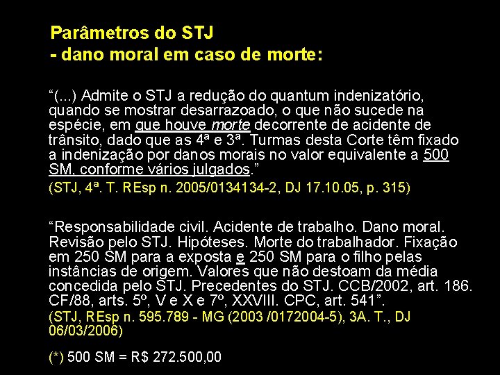 Parâmetros do STJ - dano moral em caso de morte: “(. . . )