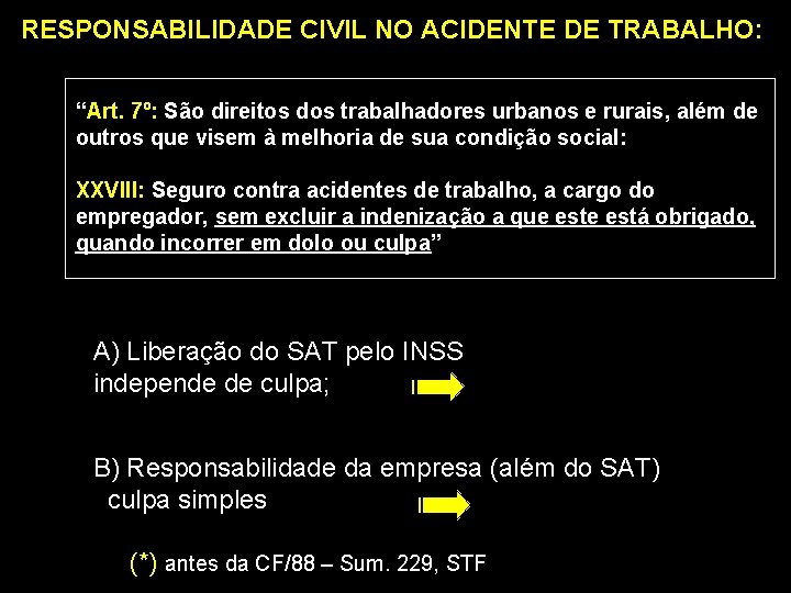 RESPONSABILIDADE CIVIL NO ACIDENTE DE TRABALHO: “Art. 7º: São direitos dos trabalhadores urbanos e