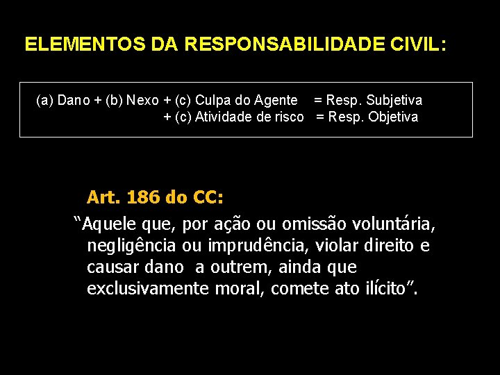 ELEMENTOS DA RESPONSABILIDADE CIVIL: (a) Dano + (b) Nexo + (c) Culpa do Agente