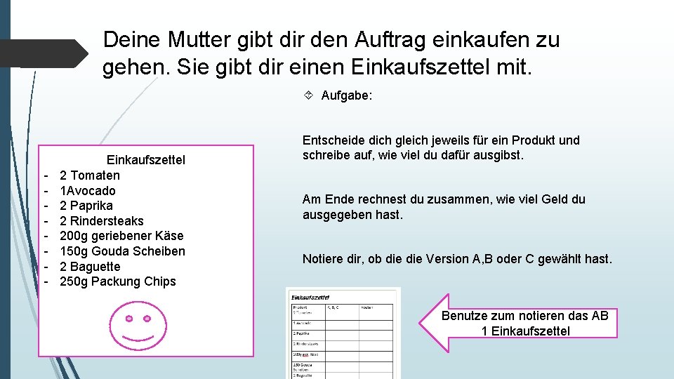 Deine Mutter gibt dir den Auftrag einkaufen zu gehen. Sie gibt dir einen Einkaufszettel