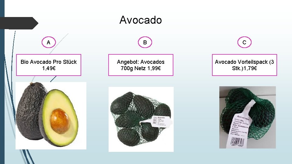 Avocado A Bio Avocado Pro Stück 1, 49€ B Angebot: Avocados 700 g Netz