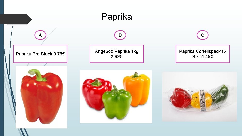 Paprika A Paprika Pro Stück 0, 79€ B Angebot: Paprika 1 kg 2, 99€