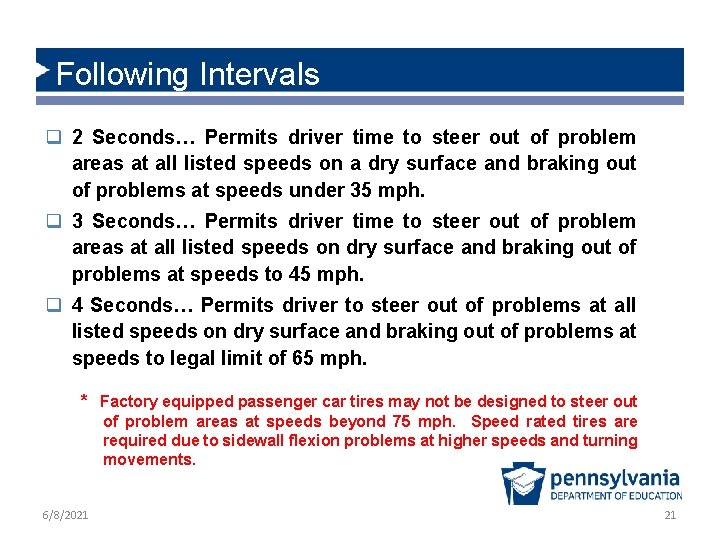 Following Intervals q 2 Seconds… Permits driver time to steer out of problem areas