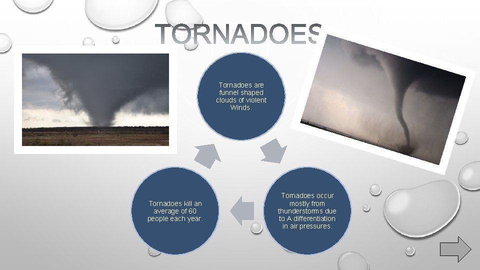 Tornadoes are funnel shaped clouds of violent Winds. Tornadoes kill an average of 60