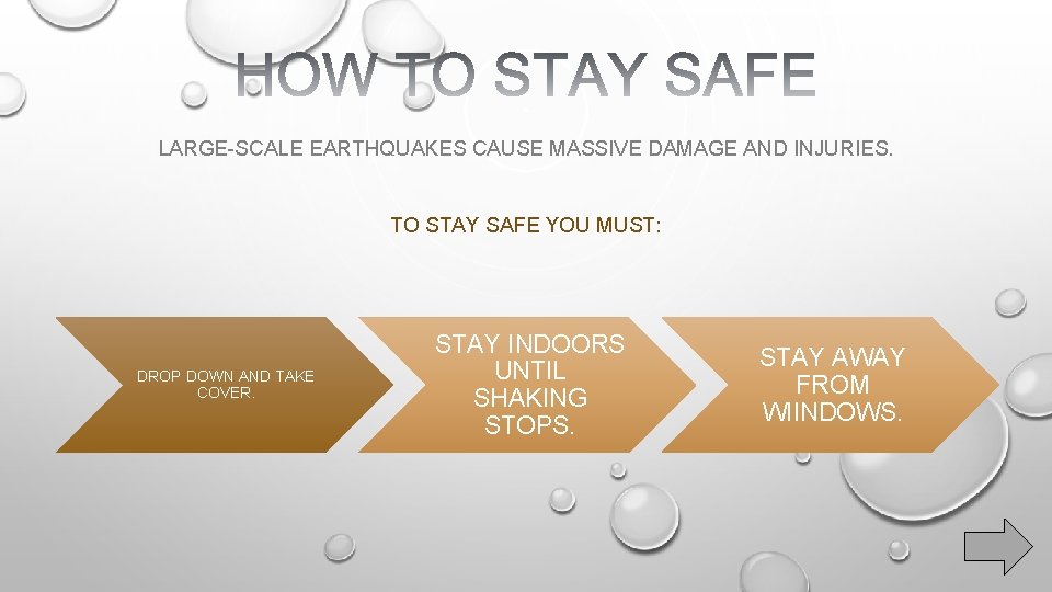 LARGE-SCALE EARTHQUAKES CAUSE MASSIVE DAMAGE AND INJURIES. TO STAY SAFE YOU MUST: DROP DOWN