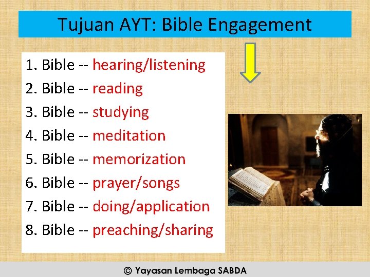 Tujuan AYT: Bible Engagement 1. Bible -- hearing/listening 2. Bible -- reading 3. Bible