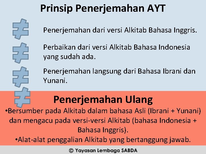 Prinsip Penerjemahan AYT Penerjemahan dari versi Alkitab Bahasa Inggris. Perbaikan dari versi Alkitab Bahasa