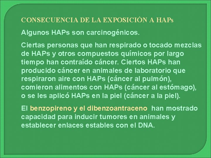 CONSECUENCIA DE LA EXPOSICIÓN A HAPs Algunos HAPs son carcinogénicos. Ciertas personas que han