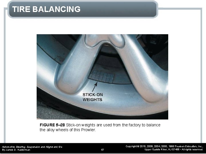 TIRE BALANCING FIGURE 5– 28 Stick-on weights are used from the factory to balance