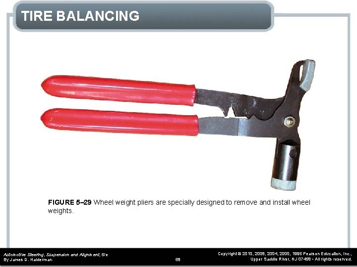 TIRE BALANCING FIGURE 5– 29 Wheel weight pliers are specially designed to remove and