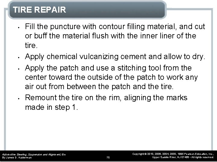 TIRE REPAIR • • Fill the puncture with contour filling material, and cut or