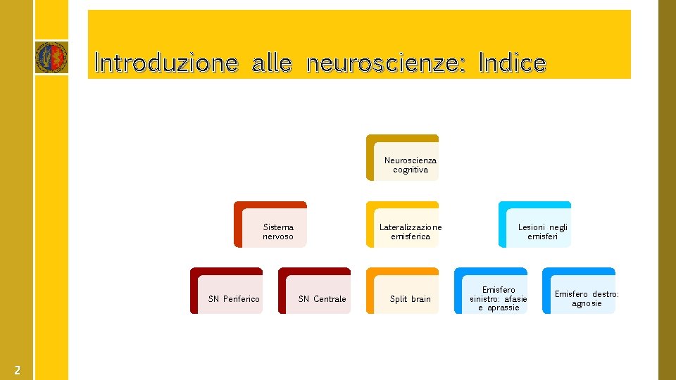 Introduzione alle neuroscienze: Indice Neuroscienza cognitiva Sistema nervoso SN Periferico 2 Lateralizzazione emisferica SN