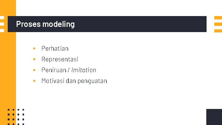 Proses modeling ▪ ▪ Perhatian Representasi Peniruan / Imitation Motivasi dan penguatan 