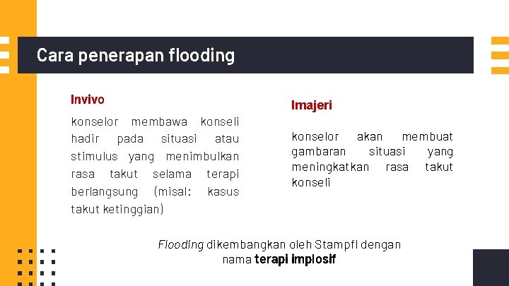 Cara penerapan flooding Invivo konselor membawa konseli hadir pada situasi atau stimulus yang menimbulkan