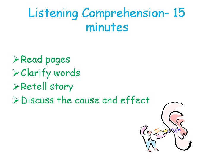 Listening Comprehension- 15 minutes Ø Read pages Ø Clarify words Ø Retell story Ø