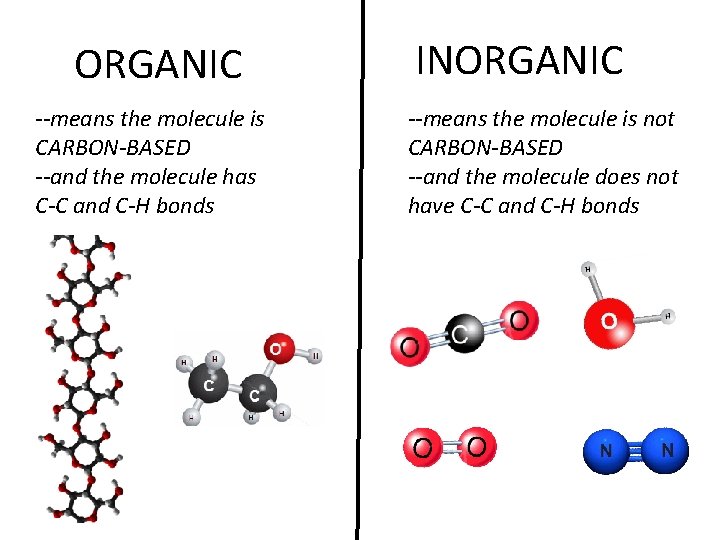 ORGANIC --means the molecule is CARBON-BASED --and the molecule has C-C and C-H bonds