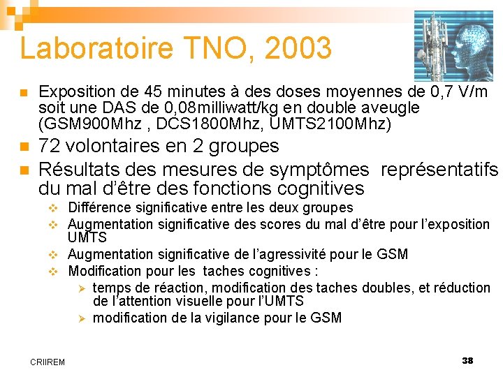 Laboratoire TNO, 2003 n Exposition de 45 minutes à des doses moyennes de 0,