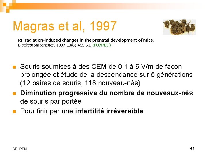 Magras et al, 1997 RF radiation-induced changes in the prenatal development of mice. Bioelectromagnetics.