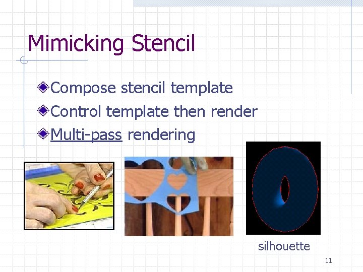 Mimicking Stencil Compose stencil template Control template then render Multi-pass rendering silhouette 11 