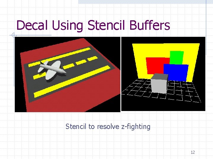 Decal Using Stencil Buffers Stencil to resolve z-fighting 12 
