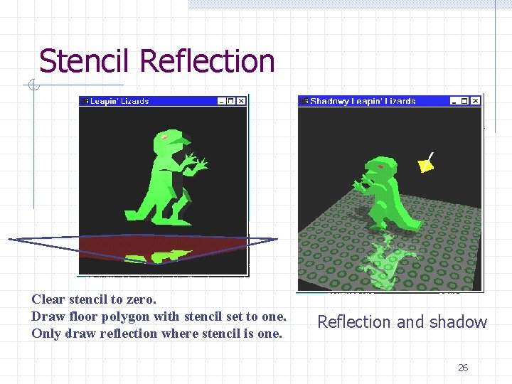 Stencil Reflection Clear stencil to zero. Draw floor polygon with stencil set to one.