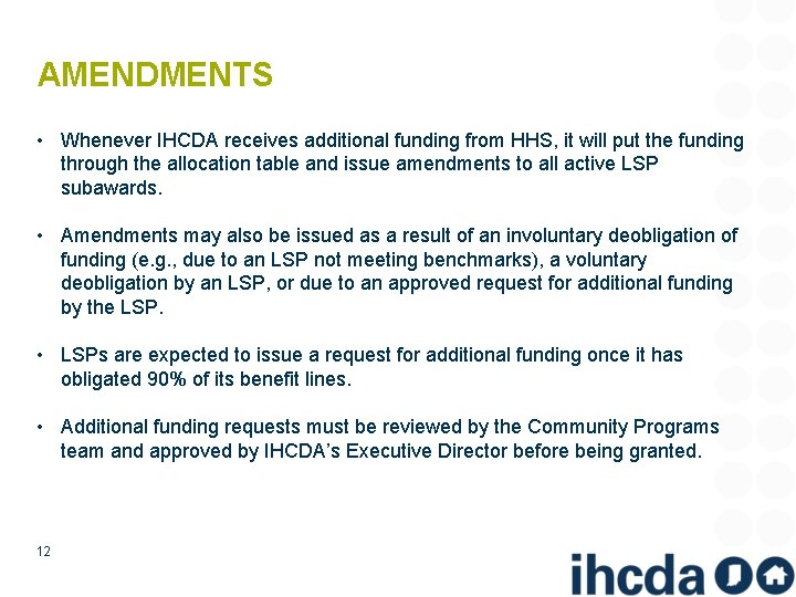 AMENDMENTS • Whenever IHCDA receives additional funding from HHS, it will put the funding