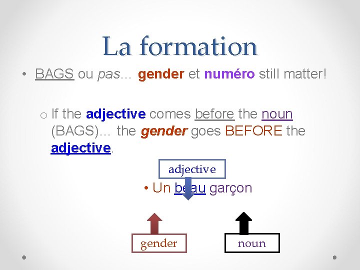 La formation • BAGS ou pas… gender et numéro still matter! o If the