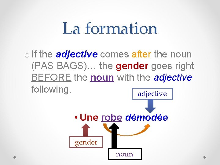 La formation o If the adjective comes after the noun (PAS BAGS)… the gender