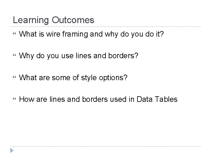 Learning Outcomes What is wire framing and why do you do it? Why do