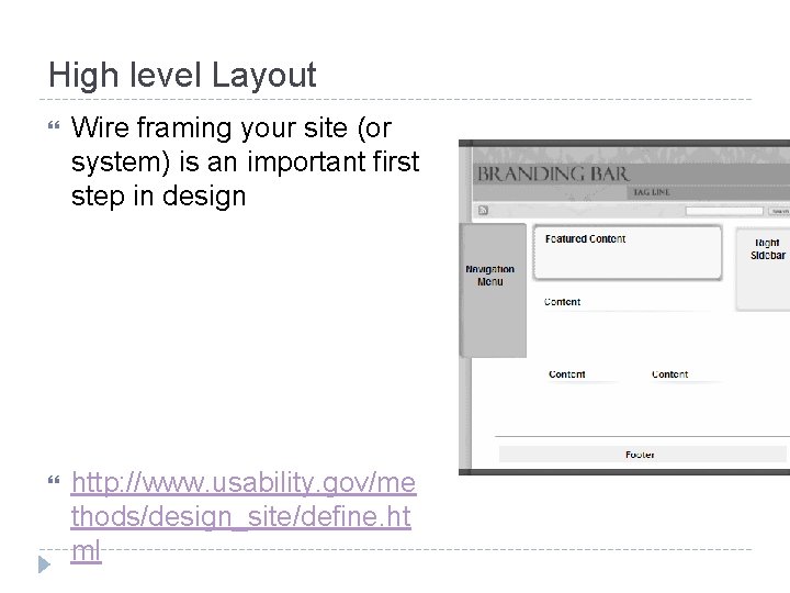 High level Layout Wire framing your site (or system) is an important first step